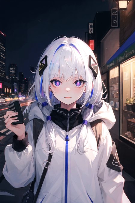 ((masterpiece)), (((best quality))), ((extremely detailed)), colorful, hdr, 1girl, solo, <lora:c_kafu:0.8>, kafuperson, white hair, purple eye, ((upper body)),
cityscape, night, neon light