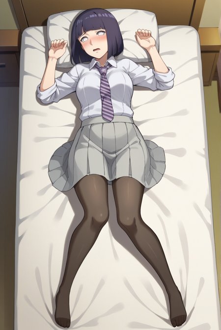 score_9, score_8_up, score_7_up, score_6_up, score_5_up, score_4_up, BREAK source_anime, 1girl, solo,
<lora:HinataBorutoXL-v1-07:0.7>, ChopioHinataBoruto, medium hair, purple hair, shiny hair, bob cut, blunt bangs, no pupils, white eyes, looking at viewer,
medium breasts, mature female,
collared shirt, striped necktie, sleeves rolled up, grey skirt, pleated skirt, full body,  pantyhose, 
bedroom, bed, bed sheet, pillow, on bed, on back, from above, embarrassed, shy, open mouth, (blush:1.1),