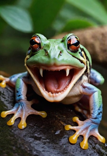 close-up photo of colorful frog in jungle, screaming open mouth, Vampire Fangs Teeth  <lora:vampire teeth v3:1>, wet leaves