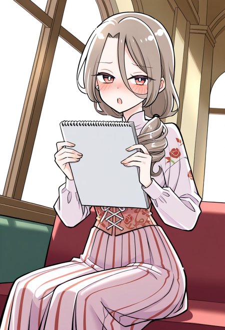 1girl, solo, shino sakisaki, mom, long hair, brown hair, hair between eyes, brown eyes, gradient eyes, red eyes, looking at viewer, low ponytail,
high collar blouse with sheer sleeves, decorative waist corset, tulle skirt, flower embroidery, cowboy shot, holding a wide sketchbook in both hands, sitting on marble bench, museum interior, classical sculptures, skylight above, soft white ambiance,
 <lora:Character_Shino Sakisaki Mom:1>