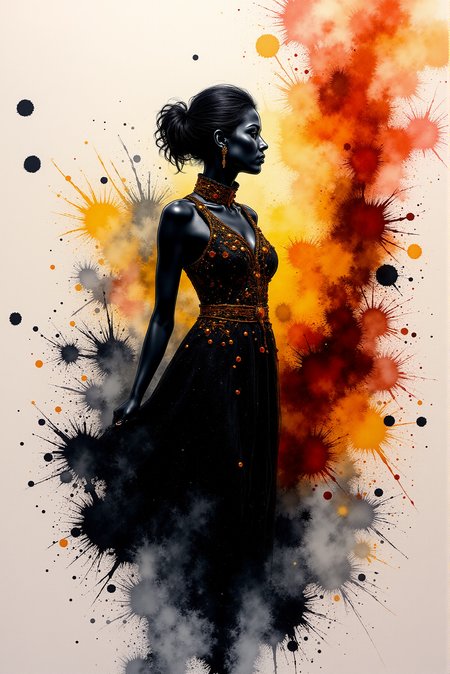 <lora:Vibrant_watercolor_v.22:0.9>   Silhouette Art, breathtaking photorealistic  beauty extravaganza colored  alcohol ink art. Reflective black and flashy glossy orange and glossy white color scheme. glossy. magnificent, shiny, intriguing weirdness, mystery of darkness, unusual natural aesthetics. Shiny glossy fluid and vibrant colors, unpredictable patterns, organic textures, translucent layers, abstract compositions, ethereal and dreamy effects, free-flowing movement, expressive brushstrokes, contemporary aesthetic, wet textured paper. extremely high-resolution details, photographic, realism pushed to extreme, fine texture, incredibly lifelike. award-winning, professional, highly detailed. sleek, modern, minimalist. a beautiful adorable noble young solo female, happy face, skin texture, skin details, micro pores. 