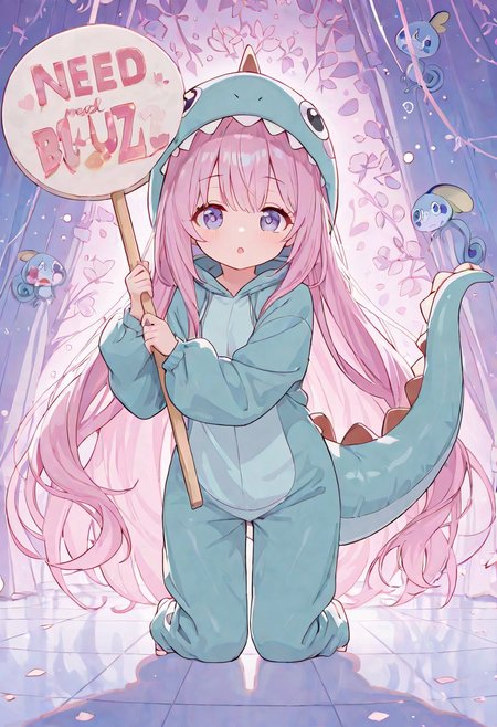 (holding sign with text "need buzz", ) (beautiful girl), dinosaur costume, high quality, detailed, 8k, Intricate details,  long hair on bangs,(:3), UHD, detailed depiction, ephemeral beauty, eye highlights.background is plants dreaming A bright room, beautiful  light and shadow on the walls and floor, gentle brushstrokes, pastel colors, delicate pastel hues, dreamy,Sobble, masterpiece, best quality, very aesthetic, high resolution, beautiful light.(background is kawaii with dreaming world) droopy masterpiece, best quality, very aesthetic,beautiful light, beautiful shadow.