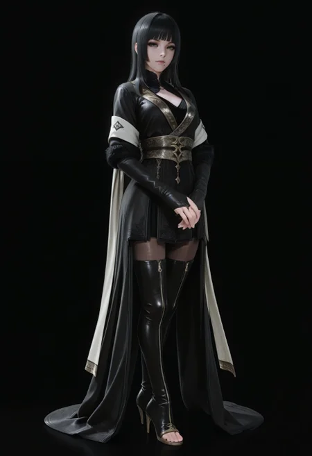 masterpiece,best quality,amazing quality, <lora:Gentiana_FFXV_ilxl_goofy:1>gentiana, black hair, loong hair, hime cut, blunt bangs, sidelocks, green eyes, BREAK
 1girl, toeless footwear, high heels, black background, full body, thigh boots, black dress, looking at viewer, black eyes, own hands together, simple background, thighhighs, realistic, black theme, black footwear, mole under mouth, standing, pantyhose