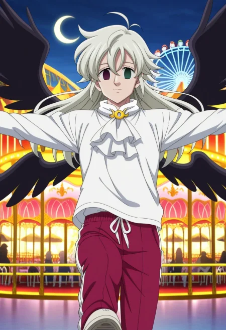masterpiece, best quality, intricate details, anime screencap, anime coloring, official style, looking at viewer, 1boy, solo, male focus, <lora:tristan_liones_ilxl:0.96>, tristan_liones, grey hair, green eyes, long hair, ahoge, white shirt, white ascot, black wings, purple eyes, empty eyes, , upper body, amusement park, carousel, ferris wheel, night, crescent moon, spread arms, light smile, Track pants with side stripes, Long-sleeve shirt, Slip-on shoes, Pith helmet, and