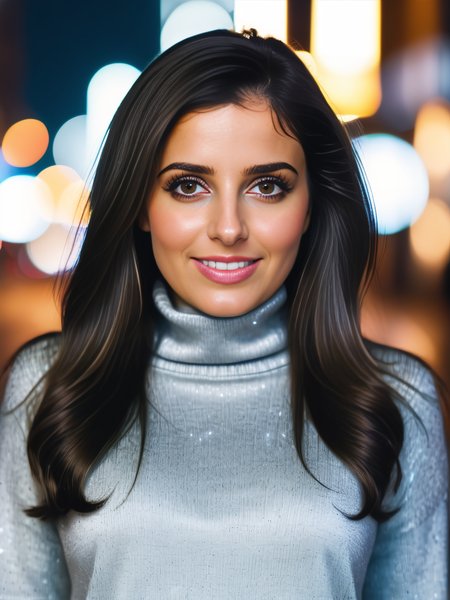 a photo of a pretty 30-year-old woman, desimocha, professional portrait photo,high neck Silver turtleneck sweater, flowing black hair and bangs, smiling, soft lighting, solo, night time, city bokeh lights  <lora:Desi_Coffee_V30_SDXL_LoRA:1>