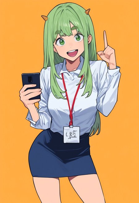 some1else45, nahia (some1else45), + +, 1girl, blue skirt, breasts, cellphone, cellphone photo, green eyes, green hair, holding, horns, lanyard, long hair, long sleeves, looking at viewer, open mouth, orange background, pencil skirt, phone, pointing, round teeth, shirt, shirt tucked in, sidelocks, skirt, smartphone, smile, solo, standing, teeth, thick eyebrows, upper teeth only, white shirt