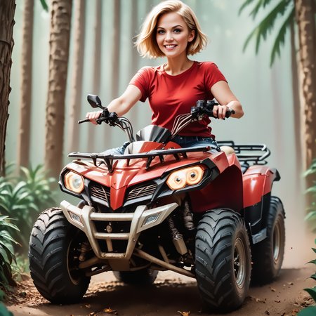 score_9, score_8_up, score_7_up, riqua (front view) , (slim 25yo female) riding a quad. red shirt and jeans shorts, sneakers , short blonde hair  <lora:RideQuadPony:1>