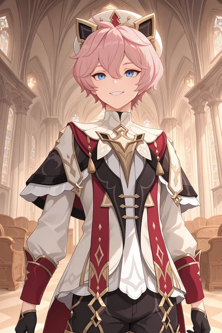 masterpiece, best quality, 1boy, dahliaChar, blue eyes, male focus, smile, solo, teeth, standing, gloves, shorts, short hair, indoors, pink hair, hat, animal ears, long sleeves, church, black gloves, closed mouth, cat ears, upper body, architecture, hair between eyes <lora:dahlia_genshin:1>