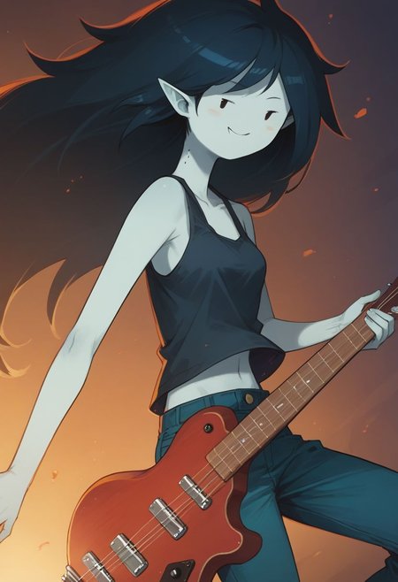 score_9, score_8_up, score_7_up, (m4rc3l1n3,1girl,dot eyes,grey skin,marceline abadeer from adventure time, long hair), (tank top, pants,playing bass guitar:1), smile, source_cartoon, in the style of adventure time, Expressiveh, zPDXL, stage:1.4, pyrotechnics:1.4