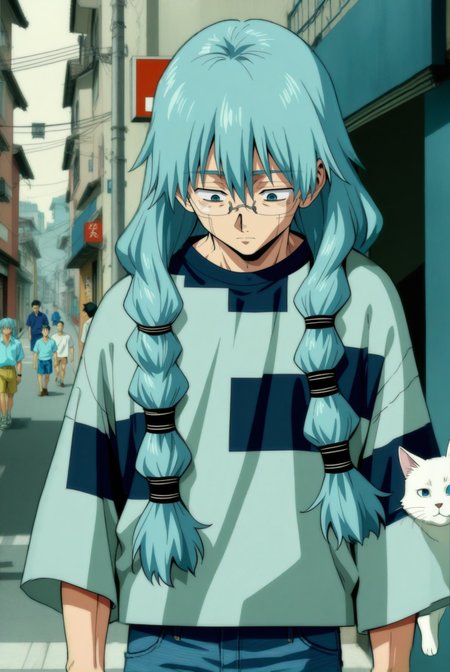 1boy, male focus, mahito \(jujutsu kaisen\), jujutsu kaisen , (90s anime style:1.5), front view, outdoors, street view, (looking down:1.3), perfecteyes, shirt, denim shorts, (a single white cat sitting next to them) <lora:detailed_notrigger:1> <lora:ParchartXL_CODA:0.2> <lora:Isometric Cutaway:1> <lora:PerfectEyesXL:1> <lora:Surreal Harmony:0.2>