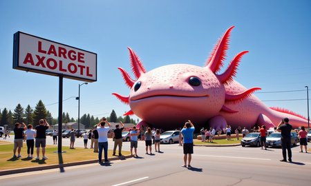 Photo depicting a surreal scene, sign with text "LARGE AXOLOTL" along with people taking photos of it and cars parked near it. A giant axolotl with a simple smile that has pink frilly gills and round black eyes with smooth pink skin<lora:Axomodel_Flux_V2.safetensors:0.85:0.85> <lora:Roadside_Attraction_Assembler_FLUX_r1-000005.safetensors:1:1>