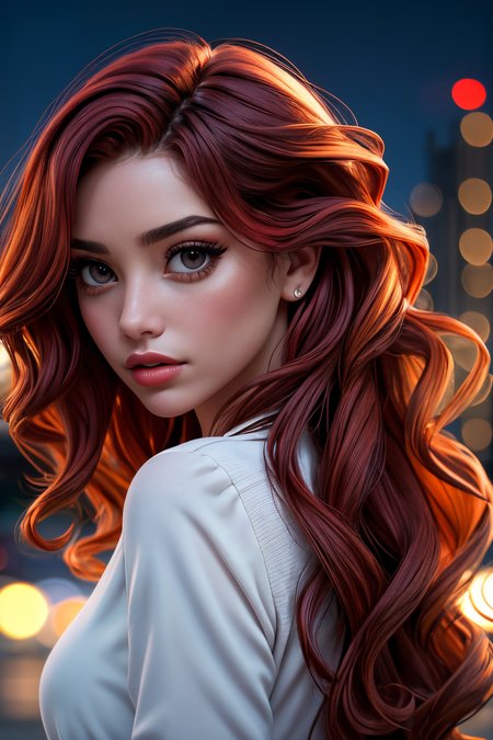 <lora:Sexy-Venezuelan:1>  red wavy hair,  black eyes, full lips, solo, looking at viewer, city background, blurred background, bokeh, deep of field, kkw-ph1, <lora:LORA-XenoDetailer-v3A:1>