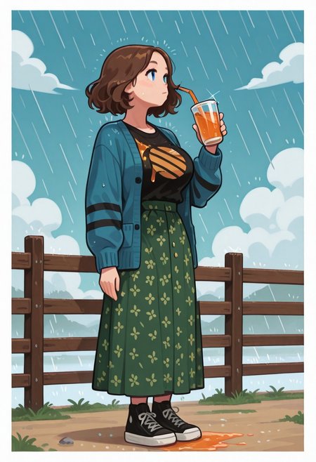 masterpiece, best quality, good quality, very aesthetic, absurdres, newest, 8K, from side  BREAK 
side portrait of stunning  girl standing,((orange liquid on breast)) , 
pastel cyan , big  breasts,orange juice on breast,
, wide hips, breast, NathMine, 1girl, short hair, wavy hair, brown hair, blue eyes,, blue cardigan, long sleeves cardigan, black stripes on cardigan sleeves,black t-shirt under cardigan, sun t-shirt,  sun symbol on t-shirt,  long skirt, floral skirt, green skirt, high-waist skirt, black sneakers,
,ultra detailed ,
simple pastel gradient blue background with extremely thick white border,
BREAK 
looking away, surprice look, 
(holding a soda cup with a straw, straw with soda),
(storming), strong wind, cloudy, 
ultra-realistic, Flatline, Flat vector illustration, haiz_ai, no lineart, no outline,  rain,
heavy-rain, modern fence in background, clouds, very smoky,
<lora:Rain (Illustrious) v1:0.5> <lora:ponyv6_noobE11_2_adamW:0.25> <lora:haiz_ai_illu:0.8> <lora:flatline:1.65>