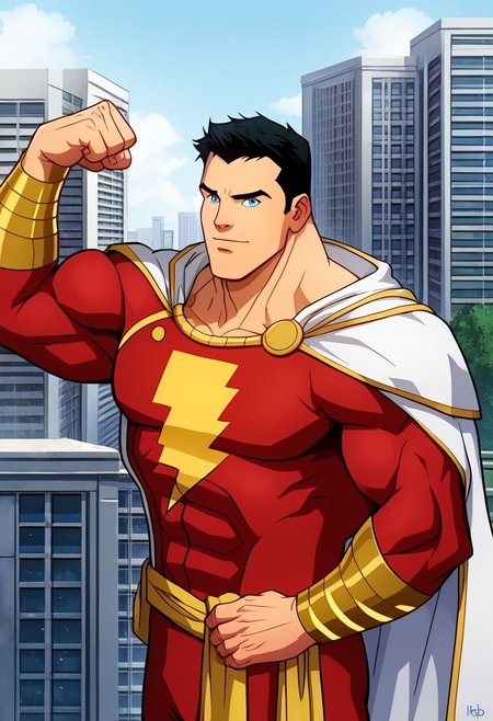 High Quality,  Shazam,  solo, 1man, flexing arms, black hair, blue eyes, red suite, white cape, red hero suite, muscle body, posing on the roof of a building,