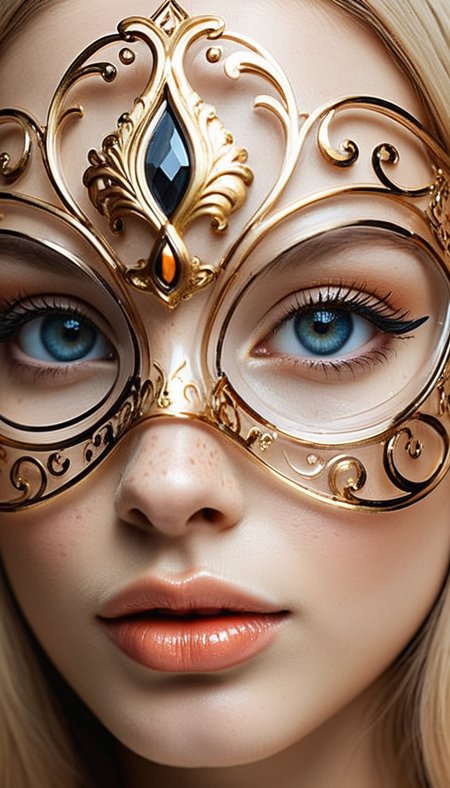 Close-up gorgeous girl face , cute, blonde, bang, freckles, striking siamese large eyes, aligned eyes, mirror eyes,
BREAK,
(wearing transparent Venetian Mask with intricate detailed golden filigree),
long lashes, trendy portrait,
tender Aesthetic nose, Aesthetic chin, ears, puffy lips, sensual lips, detailed texture, detailed eyes, detailed skin, clean skin,
<lora:Someplastic:1>, (ultra sharp focus:1.8), (detailed skin:1.8), (thin lines:1.8), (best quality:1.8),
<lora:Apparatus_-_Traction_City_Walkers_Vehicles:0.7>,