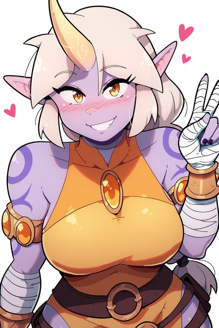 score_9, score_8_up, score_7_up, score_6_up, BREAK, SorakaLoLXLv2, purple skin, colored skin, white hair, long hair, low-tied long hair, sidelocks, yellow eyes, pointy ears, single horn, tattoo, large breasts, bare shoulder, yellow jewel, red cropped torso, yellow dress, armlet, bandaged arms, belt, bandaged legs, solo, standing, above view, peace sign, floating hearts, looking at viewer, seductive smile, naughty face, nose blush, white background, simple background <lora:SorakaLoLXLv2:0.9>, ScottMalinStylePXL <lora:ScottMalinStylePXL:1>