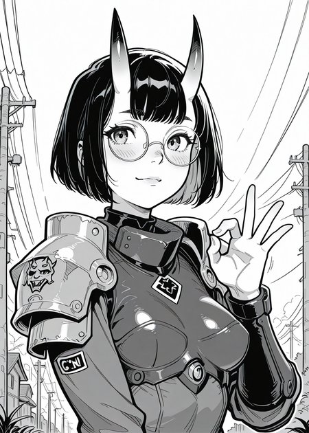 power lines, pauldrons, oni girls, oni horns, round glasses, bust up, ok gesture,