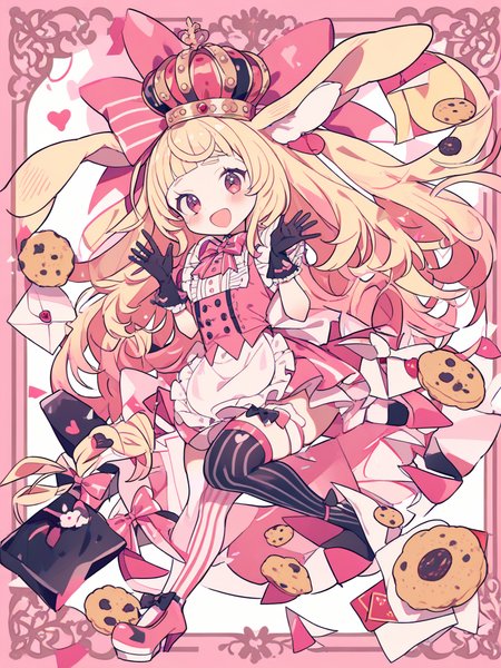 1girl, blonde hair, long hair, dress, solo, bow, open mouth, animal ears, heart, pink theme, apron, smile, food, rabbit, rabbit ears, frills, full body, envelope, looking at viewer, pink dress, pink footwear, holding, bag, asymmetrical legwear, waist apron, very long hair, gloves, pink border, letter, hair bow, pink bow, high heels, crown, white apron, :d, ribbon, black gloves, thighhighs, striped clothes, blush, cookie
<lora:yume335_1-000038:1>,
