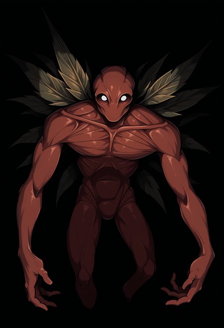 masterpiece, best quality, 1boy, solo, BrackenLethalCompany, white eyes, monster, wings, leaf, darkness, dark, dark theme, horror \(theme\), black background, reaching towards viewer, <lora:ChamBrackenIllustriousXL:1>