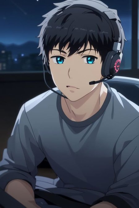 high resolution, solo, best quality, 1Boy, Arata Kaizaki, Portrait, Black Hair, Blue Eyes, gamer, bedroom, night, pc, sit, headset, portrait, OverallDetail