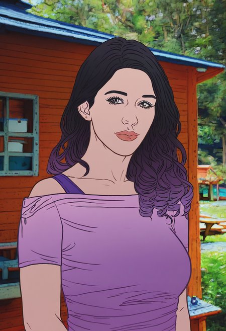 score_9, score_8_up, score_7_up, 1girl, large_breasts, portrait, solo, looking_at_viewer, open_eyes, Pretending to cradle a baby animal, vanishing_point, (Red-violet layered kimono), curly hair, wedge, Jet Black hair, hut, upper_body, rating_safe, <lora:pony\artist_styles\evakiss_gggb_pony:1.0>