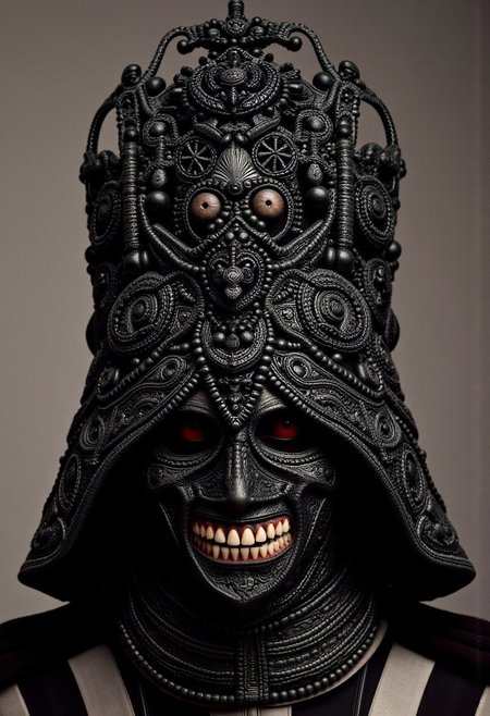 w1z-h34d., Darth Vader with human teeth and black gums wearing an african ceremonial headdress, elaborate, ornate, intricate, filigree, avant-garde, adorned, vinok flower crown, balinese gelungan, fenguang phoenix coronet, mongolian bogtag gugu, kokoshnik