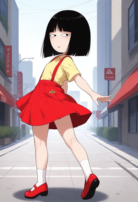 <lora:HyLper-Accelerate-PAseer:1> <lora:Fixhands_anime_bdsqlsz_V1:1>score_9, score_8_up, score_7_up, source_anime, intricate details, perfect anatomy BREAK
1girl, hanako-san, black hair, black eyes, no nose, yellow shirt, red suspender skirt, white socks, red shoes, flat chest,
dynamic pose, outdoors, city, skyscraper, 
<lora:hanako-san_XL(pony)v10:1>