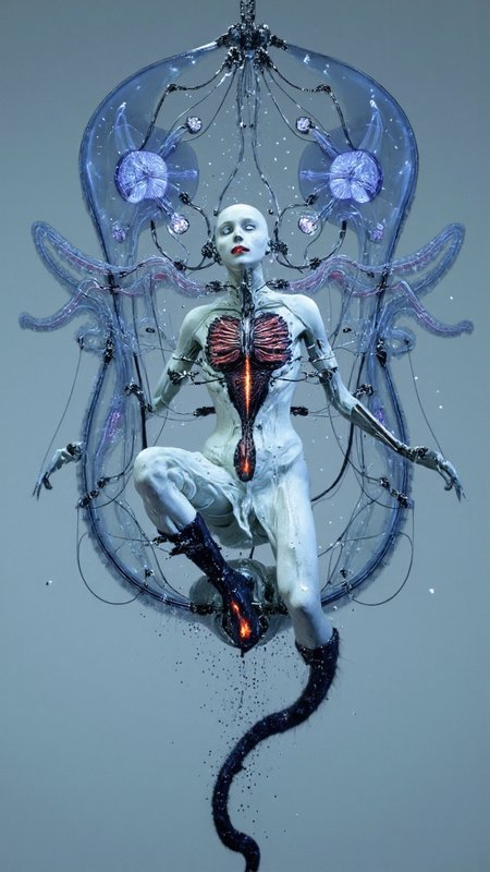 4byss,   a humanoid android in a reclined position, its synthetic body seamlessly merging organic jellyfish elements with mechanical components. The figure's porcelain-white synthetic skin is partially deconstructed, revealing an intricate internal structure where mechanical vertebrae and neural cables interweave with translucent, bioluminescent tentacles that pulse with deep blues and vibrant crimsons.
The being's face tilts upward in an expression of either ecstasy or agony, its smooth synthetic features catching the ethereal blue light from above. Where traditional cybernetic ports would be, there are instead organic-looking segments that resemble jellyfish bells, their translucent tissue housing pulsing fiber optic cables. The neck extends into a complex array of both mechanical vertebrae and undulating tentacles, each segment marked with bioluminescent nodes that follow a rhythmic pattern like digital signals through organic matter.
The chest cavity opens to reveal not traditional robotics, but a hybrid system where rigid mechanical ribs transition into flowing, tentacular appendages marked with regular, comb-like structures that glow with an internal light. These tentacles curve and wrap around the mechanical components like living cables, their tips equipped with both electronic interfaces and organic sensory organs.
The entire scene is bathed in a cold, deep-sea blue lighting, with accents of bioluminescent reds and purples emanating from the creature's core. The background suggests a mechanical chamber slowly being overtaken by organic growth, with cables and tubes mimicking the flowing movement of deep-sea creatures. Small particles float through the scene, catching the light like marine snow, creating an atmosphere that exists somewhere between a high-tech laboratory and the abyssal depths.
The overall aesthetic creates a striking fusion of mechanical precision and organic fluidity, suggesting a future where the line between synthetic and natural life becomes meaningfully blurred, all rendered in a style that combines technical detail with the ethereal beauty of deep-sea bioluminescence