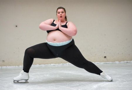 Iphone 16 portrait mode, 8k uhd, soft lighting, huge obese girl, heavily pregnant, ice skating, majestatic expression, 18 years old, artistic plus size beauty, dynamic motion, ambitious young woman, wearing a pair of black leggings over a diaper, bulky diaper stretching the fabric of her leggings,kiss