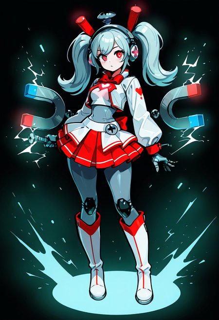 masterpiece, best quality, 1girl, solo,   zzmgnmt,   ,<lora:MagnemitePokedex_IXL:1.0>, narrow waist, wide hips,   1girl, idol costume, silver crop jacket, pleated mini skirt, red and blue ribbons, mechanical headphones with antennae, knee-high boots, pigtails, holding mic, glowing heart on chest, sci-fi stage, floating particles A playful mecha idol outfit with sleek metallic textures and bold color blocks â red and blue bows reference Magnemiteâs polar ends. Her headphones resemble miniature Magnemites, complete with little screws. She dances on a digital stage, emitting sparks with every spin, a fusion of machine precision and human emotion.