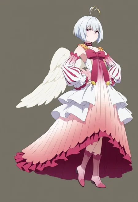 masterpiece, best quality, very aesthetic, absurdres,
1girl, fitoria, ahoge, white hair, pink eyes, short hair,
angel wings, feathered wings,
bow, choker, detached sleeves, dress, frills, long sleeves, puffy sleeves, boots,
hands on hips, full body, solo, looking at viewer, simple background, solid grey background  <lora:FitoriaIllustriousXL_byKonan:1>