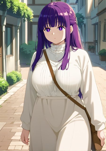 score_9,score_8_up,score_7_up,masterpiece, best quality, <lora:WHM 0.2v:0.5>, WHM, 2d,anime,
<lora:strap between breasts_pony_V1.0:0.7> between breasts, breasts, sweater,walking, outdoors, street, shoulder bag, 
 BREAK
<lora:Frieren_Beyond_Journeys_End:0.7>
purple eyes,purple hair female,long hair, 17YO, bangs,huge breasts,  fern \(sousou no frieren\),purple eyes,purple hair,mature female, 
 <lora:fern-default_sousou no frieren_PONY_epoch-000029:0.8>fern-default,