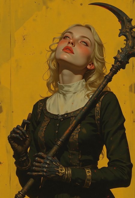 Nixport, a highly detailed digital illustration with a gothic, surreal aesthetic. The central figure is a young woman of fair complexion with a delicate, almost ethereal appearance. She has curly, platinum blonde hair that frames her face, and her eyes are a striking, glowing white, giving her a supernatural or otherworldly look. Her lips are painted a vivid red, adding a touch of dramatic contrast to her pale skin. She is dressed in a traditional nun's habit, but with a modern, gothic twist. The black habit is adorned with ornate, dark, almost skeletal-like patterns, which contrast starkly with the white collar and cuffs.
In her right hand, she holds a large, menacing scythe, its blade curved and jagged, suggesting a grim reaper-like entity. The background is a solid, vibrant yellow, which enhances the dark and ominous mood of the image. The lighting is soft but directional, highlighting the textures of her clothing and the intricate details of the scythe. The overall composition is dynamic, with the woman's head tilted back and her eyes closed, suggesting a sense of surrender or contemplation. The image blends elements of religious symbolism with dark fantasy, creating a powerful and evocative visual narrative.
