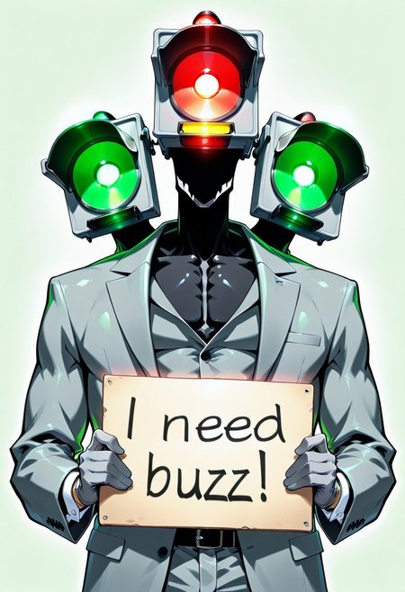 humanoid, male, traffic face, no mouth, (((black skin, black body, grey suits))), glowing traffic face, (((Traffic light as face,Detailed traffic light as head, 3 head:1.4)), red yellow green traffic, grey gloves, fingers,
masterpiece, best quality, amazing quality, 8k, face focus, face only, looking at viewer, holding sign with text "need buzz", buzz