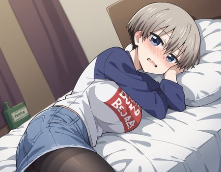 score_9, score_8_up, score_7_up, source_anime,
hanauzaki, <lora:hana-uzaki-s1-ponyxl-lora-nochekaiser:0.8>,
hana uzaki, short hair, blue eyes, large breasts, grey hair,
skirt, shirt, pantyhose, black pantyhose, denim, clothes writing, raglan sleeves, denim skirt, romaji text,
indoors, bed, bed room, on side, blush, drunk,
looking at viewer, cowboy shot, solo, dutch angle,