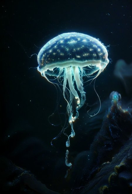 score_9, score_8_up, score_7_up, score_6_up, source anime,
phytoplankton, bioluminescence, sky, cyan glow, photo, no humans, underwater, jellyfish, long tentacles, blue theme, realistic, 
masterpiece, best quality, very aesthetic, absurdres