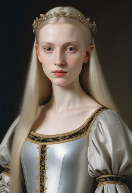 Portrait of an Elf Queen by Caravaggio, very pale skin, very long straight pale hair, 
wearing a Renaissance fashion knght's armor, 
very long golden hair with silver highlights, kind face, inside a citadel,