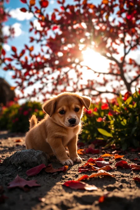 beautiful fantasy landscape photography, photo, Sigma 16 mm f/5.6, ((very detailed)), sharp focus, puppy, small rock, leafy beach,  (bright sunny sky), (high contrast), cinematic (lights), backlight, (shadows), lens flare, vibrant colors, colorful, (Rhodamine Red flowers) and leaves, (lovely), (beautiful), <lora:no-blur:1 <lora:aidmaHyperrealismv0.3:0.8> aidmaHyperrealism