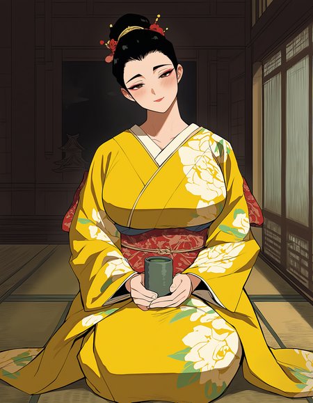 masterpiece, good quality, best quality, absurdres, highres, very awa, 
Terayama Reiko, 1girl, sitting, seiza, holding cup, yunomi, three quarter view, 
looking at viewer, blush, head tilt, half-closed eyes, closed mouth, light smile,
forehead, black hair, single hair bun, hair ornament, makeup, lipstick, brown eyes,
kimono, yellow kimono, floral print kimono, 
curvy, large breasts,
indoors, east asian architecture, temple, on tatami
 <lora:Reiko Terayama 3216 NoobAIXL V-pred:1> 5 fingers