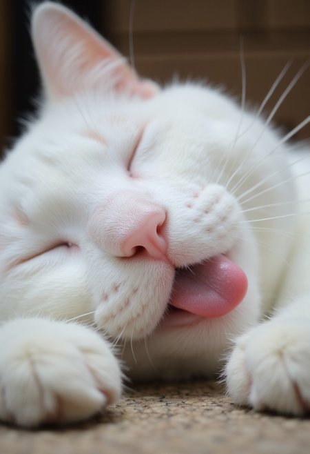 Close-up of the face of a white chubby cat sleeping on the floor. The white chubby cat is sleeping deeply, his tongue is hanging out far. The white chubby cat has a pink nose and a pink tongue. realism, digital art, close-up, vivid colors, photograph. midjourneyv6.1, aidmaExperimentalPhotography