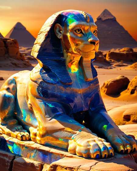 translucent great sphinx carved from opal, lapis lazuli, gold, alabaster, desert, refracted light, reflections, sunset hour, shadows, intense colors, high contrast, <lora:add-detail-xl:1.0>,  <lora:xl_more_art-full_v1:0.6>,  <lora:XSfenlie:1> fenliexl, <lora:lora:1>, realistic photo