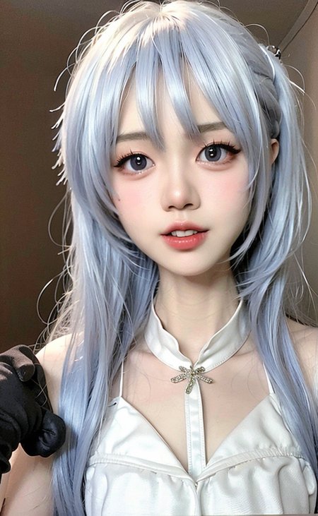 (photo realistic:1.55),(ulzzang-6500:0.65), masterpiece, best quality, detailed, blurry, depth_of_field, blurry_background, blurry_foreground, 1girl, gloves, white_gloves, dress, motion_blur, photo_\(medium\), solo, white_dress