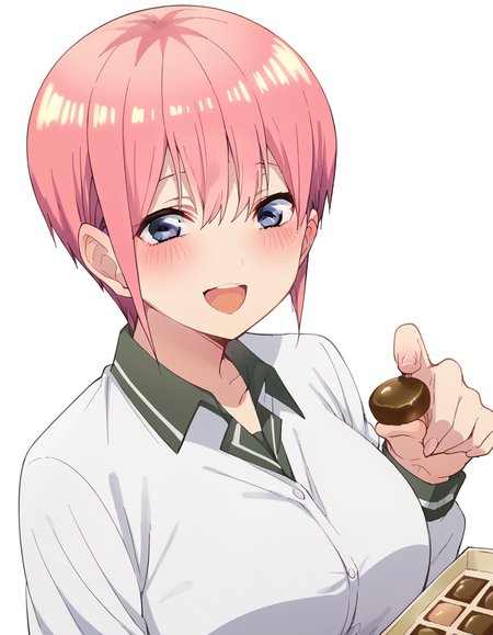 score_9, score_8_up, score_7_up, source_anime, <lora:ichika-nakano-s2-ponyxl-lora-nochekaiser:1>, ichika nakano, short hair, bangs, blue eyes, hair between eyes, pink hair, pixie cut, mature female, large breasts, <lora:incoming-chocolate-ponyxl-lora-nochekaiser:1> incoming food, chocolate, holding, holding chocolate, holding food, food, looking at viewer, open mouth, blush, smile, school uniform,, ,