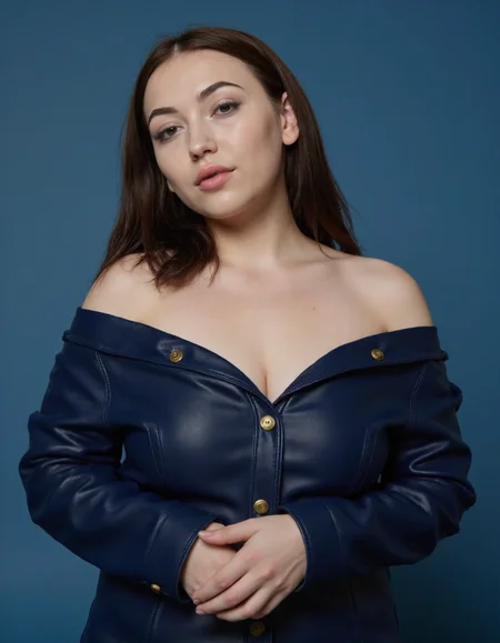 The image is a high-resolution photograph of a young woman of East Asian descent, likely in her late twenties to early thirties. She has a fair complexion and long, straight, dark brown hair that cascades past her shoulders. Her facial features are delicate, with high cheekbones, well-defined eyebrows, and full lips. She is wearing a deep blue, off-the-shoulder, long-sleeved leather jacket that buttons up the front with brass buttons. The jacket is snug-fitting, accentuating her slender physique and medium-sized breasts. Her hands are clasped together in front of her, and she is looking down at the floor with a contemplative expression., 
The background is a solid, gradient blue, which contrasts with her outfit and skin tone, making her stand out. The lighting is soft and even, highlighting the texture of her jacket and the smoothness of her skin. The photograph is taken from a slightly elevated angle, providing a top-down view that emphasizes her posture and the details of her outfit. The overall mood of the image is one of quiet introspection, with a focus on the subject's attire and facial expression., <lora:amelia:1>