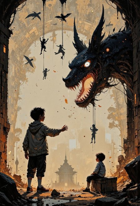 Create a beautifully detailed sketch capturing a fantastical world infused with nostalgia and shadowy intrigue. The style features clean, confident outlines with soft watercolor washes, balancing warmth and accessibility with intricate detail. The palette contrasts muted tones—warm ochres, soft reds, creamy whites—with stark, inky blacks, creating a dramatic interplay of light and shadow that evokes both innocence and mystery. The atmosphere blends vintage children’s book charm with an eerie undertone, as if balanced between reality and a shadowy dreamscape.
Characters should have naturalistic proportions and subtle expressiveness, their features gently exaggerated to reflect curiosity, resilience, or vulnerability. Dynamic shadow puppet figures may emerge in the background, their silhouettes adding to the narrative and reinforcing the duality of light and shadow. The focus will be on a specific subject—An extreme close-up reveals Henry’s hand brushing against a shadowy wall, his fingers trailing through silhouettes of puppet figures trapped beneath the surface. The camera follows their frantic movements, their tiny faces and limbs pressing outward, as though pleading for release—carefully integrated into the scene. The composition is grounded yet surreal, seamlessly merging whimsical simplicity with haunting, thought-provoking detail to invite wonder and introspection.