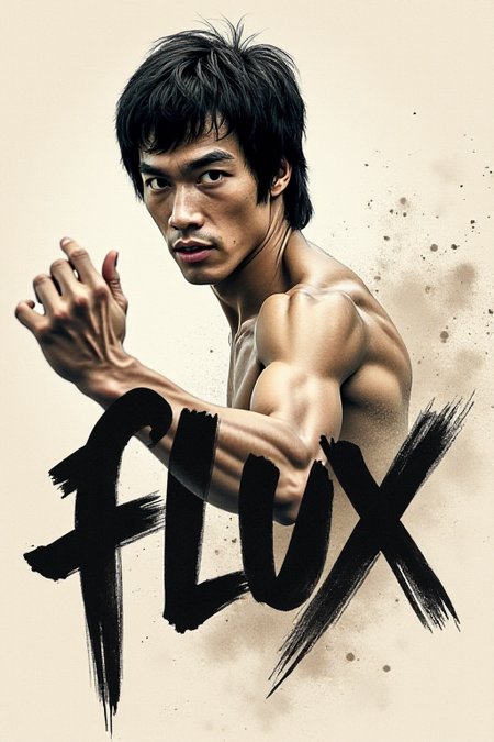 <lora:Martial_Arts_World:1>
Scene Description: Bruce Lee in Ink Wash Style
Setting:
Background: The scene is set against a subtle, misty backdrop of soft ink wash, evoking a sense of calm and focus.  The background is lightly textured, allowing the main elements to stand out without distraction.
Main Character:
Bruce Lee: The iconic martial artist is depicted in a powerful half-body pose.  His expression is intense and focused, embodying the spirit of a warrior.  His well-defined muscles and dynamic posture showcase his strength and agility, emphasizing the essence of kung fu.
Details: Bruce Leeâs face bears visible scratches and bruises, telling a story of resilience and determination.  The ink wash technique captures the subtle play of light and shadow on his face, highlighting the contours and expressions that convey both intensity and grace.
Calligraphy:
Text: The focal point of the artwork is the bold, dynamic brush strokes of "FLUX - YYDS."  The text is large and expressive, designed to resemble the fluidity and power of kung fu movements.  Each letter is intricately crafted, with bold strokes that convey energy and motion, almost as if they are in motion themselves.
Style: The calligraphy is rendered in a way that mimics the fluidity of martial arts, with sweeping curves and sharp angles that evoke the essence of Bruce Leeâs fighting style.  The splashes of ink around the text add to the sense of action and vitality, making it the centerpiece of the composition.
Additional Elements:
Ink Effects: The entire artwork employs soft ink wash effects, creating a harmonious blend of colors and textures.  The interplay of light and shadow enhances Bruce Leeâs features, making him pop against the background while the text remains the primary focus.
Atmosphere:
The overall mood is one of strength, resilience, and the spirit of martial arts.  The bold text "FLUX - YYDS" commands attention, emphasizing the theme of movement and vitality, while Bruce Leeâs powerful presence embodies the essence of kung fu and determination.  This piece captures a moment of energy and focus, celebrating the legacy of Bruce Lee in an artistic and dynamic way.