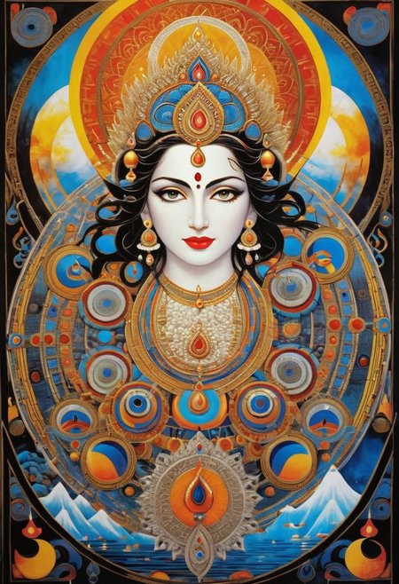 Snow White and the Huntsman theme, Ganga coming down to earth from heaven and descending upon the head of Shiva, Perso-Indian style, ancestral spirits, huoma, ancestors, Ganga, Haft Paykar, Manichaean art, Perso-Indian art, halo, hallucination, forces of life conquering the forces of destruction, very psychedelic, extremely bright, splendid, mesmerizing eyes, recurrence, cyclic universe, cyclical, ethereal beings, style of Piet Mondrian, ths_tapestry