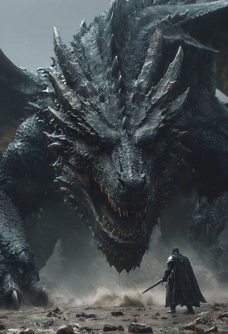 very dark focused flash photo, amazing quality, masterpiece, best quality, extremely detailed, ultra detailed, UHD, perfect anatomy, (dnd black dragon:1.5), portrait, dof, hyper-realism, majestic, (Fighter, druid, ranger, wizard typical dnd party:1.1), awesome, inspiring, Capture the thrilling showdown between the full dnd party and the colossal black dragon boss in an epic battle amidst spraying mud and driving Rain. Embrace the action and chaos as these formidable forces clash in the heart of the bleak wasteland. cinematic composition, soft shadows, national geographic style