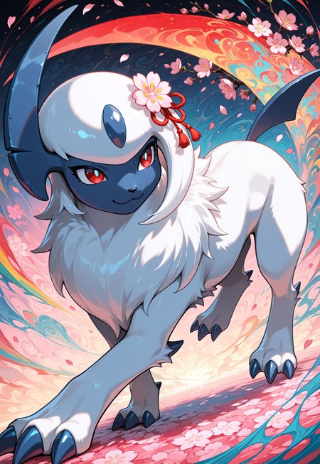 best quality,newest,masterpiece,absurdres,highres,safe, contrast, detailed background,  countershading, ultra detailed, solo, 1girl, feral, female, 
BREAK,  motion lines, Absol_\(Pokemon\), Dark Blue Skin,on the top of its head adorned with a single blue-black oval,Red Eyes,a scythe-like tail, scythe-shaped horn on the side,
,( colorful:1.3),( abstract:1.1),( surrealism:1.1),
 turning dynamic pose, dynamic angle, :3, 
cherry blossom, petals, smile,
(floral print:1.1),  abstract,( japonese motif:1.1),