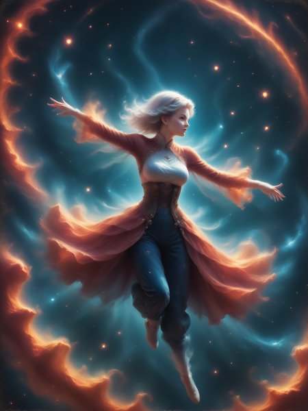 score_9, score_8_up, score_7_up,  source_anime, woman floating, dynamic pose,  <lora:Space_Nebula_Pony:0.4>